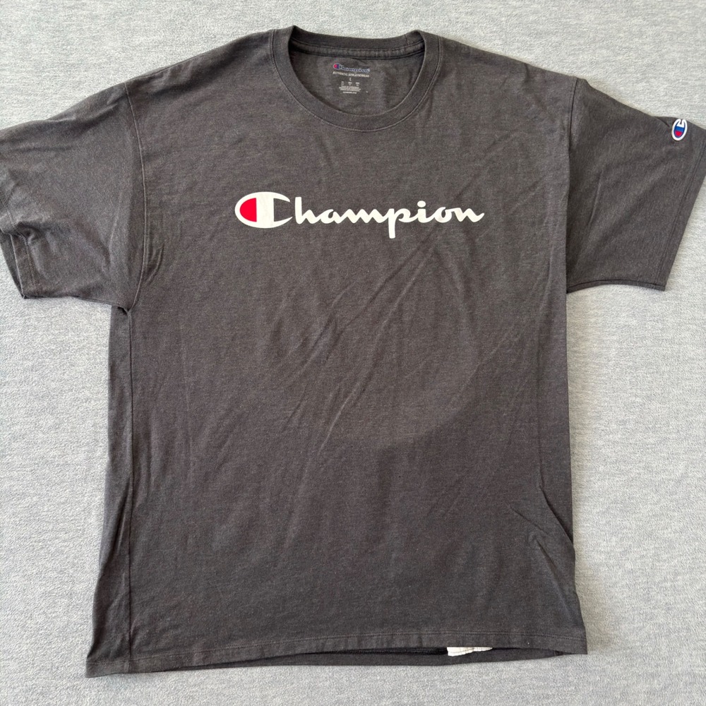 Champion Mens Script Logo Graphic T-Shirt Charcoal Gray Heather Large